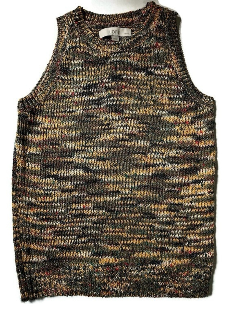 LOFT Petite Sleeveless Knit Marled Crewneck Sweater Vest - Green, Brown, Yellow